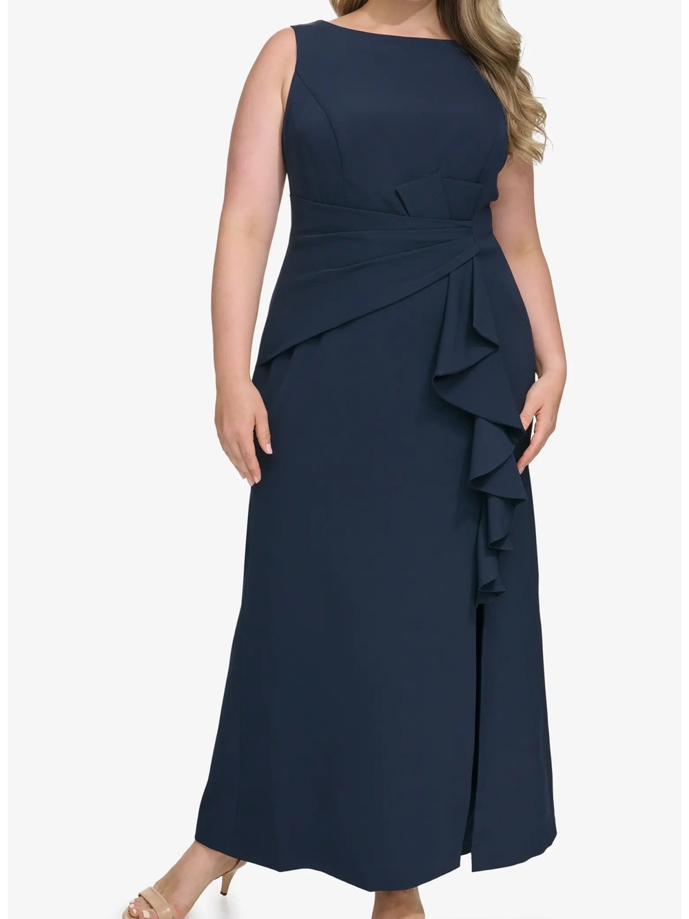 Eliza J Cascade Ruffle Sleeveless Gown in Navy Blue